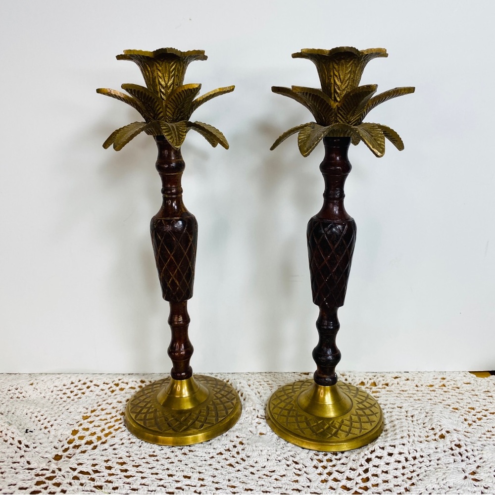 Elegant Brass and Dark Brown Wood Candle Holders